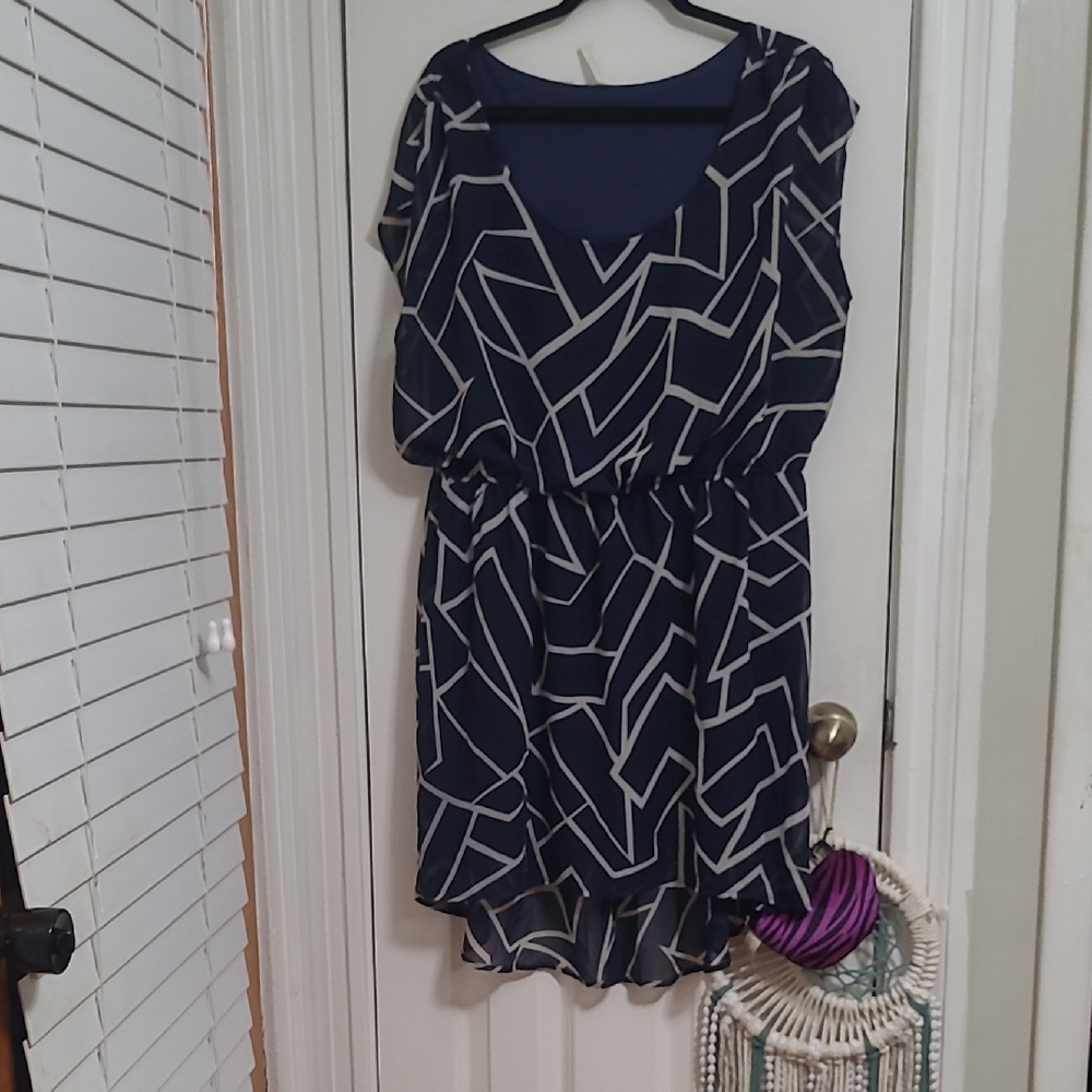 Elegant Navy High Low Dress with Geometric Pattern